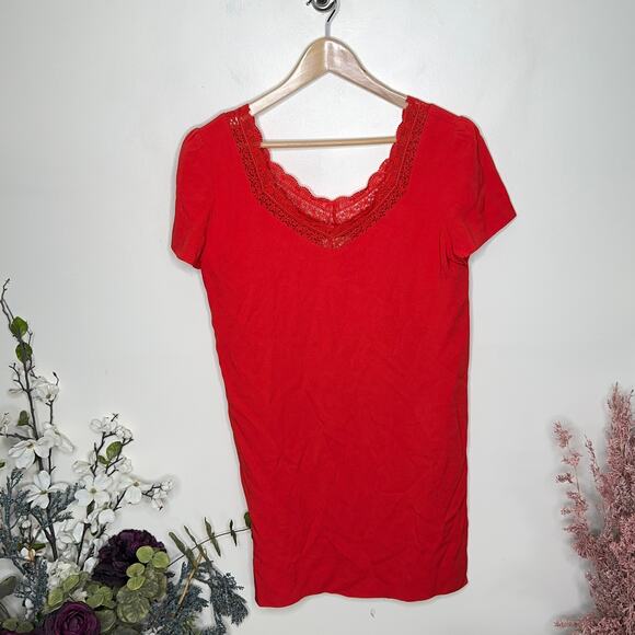 SEZANE Louisa Dress Coral Red Shift Lace Neckline {TT36} - Picture 6 of 9